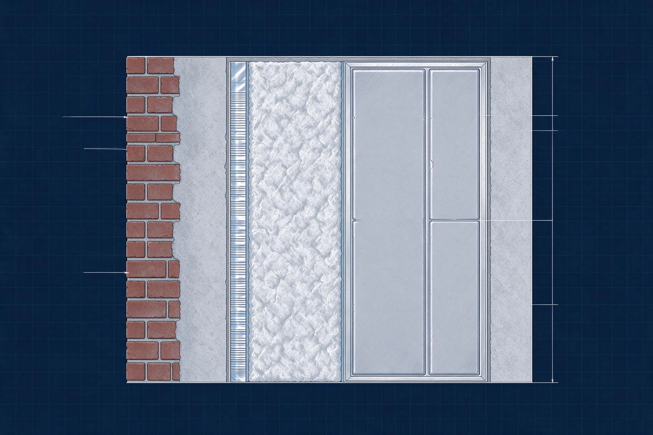 Blueprint cross-section of an insulated wall showing reflective foil, aerogel and vacuum panel layers